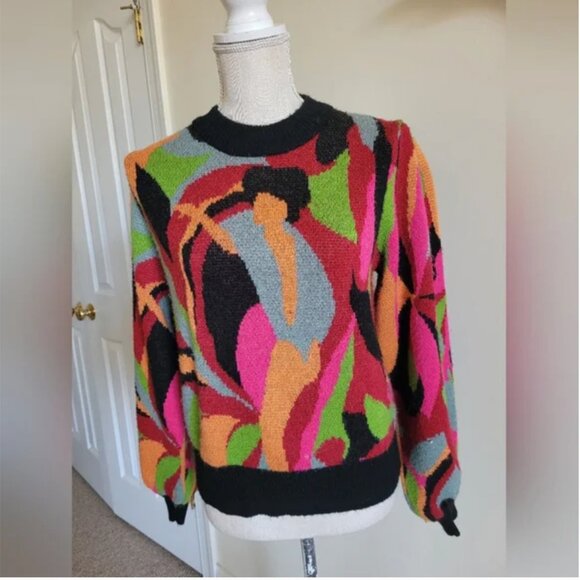 Farm Rio The Dance Knit Sweater Colorful Vibrant Abstract Pullover size M - Picture 8 of 10